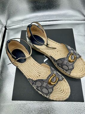 Coach Navy Signature Canvas Espadrille Sandals with Gold Accent